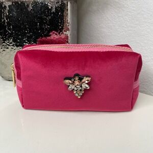 Sixton London Pink Velvet Crystal Bee Pin Embellished Makeup Cosmetic Bag Pouch